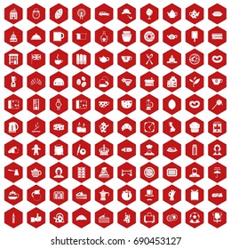 100 tea time food icons set in red hexagon isolated vector illustration