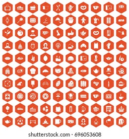 100 tea time food icons set in orange hexagon isolated vector illustration
