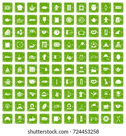 100 tea time food icons set in grunge style green color isolated on white background vector illustration