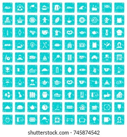 100 tea time food icons set in grunge style blue color isolated on white background vector illustration