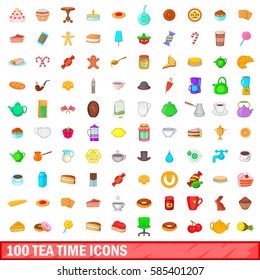 100 tea time icons set in cartoon style for any design vector illustration