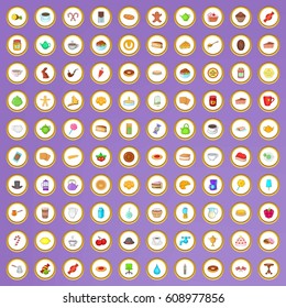 100 tea time icons set in cartoon style on purple background vector illustration