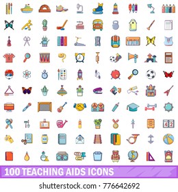 100 teaching aids icons set. Cartoon illustration of 100 teaching aids vector icons isolated on white background