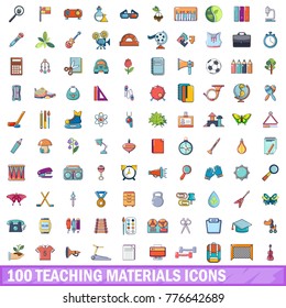 100 teaching materials icons set. Cartoon illustration of 100 teaching materials vector icons isolated on white background