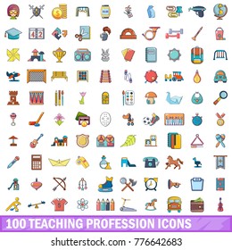 100 Teaching Profession Icons Set. Cartoon Illustration Of 100 Teaching Profession Vector Icons Isolated On White Background