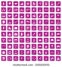 100 team building icons set in grunge style pink color isolated on white background vector illustration