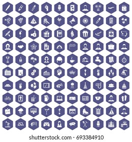 100 team building icons set in purple hexagon isolated vector illustration