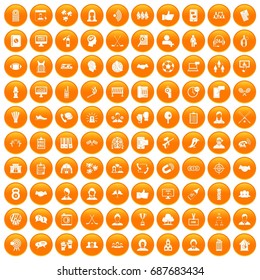 100 team icons set in orange circle isolated vector illustration