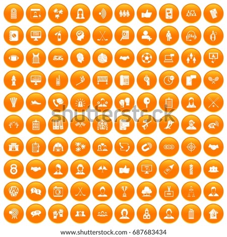 100 team icons set in orange circle isolated vector illustration