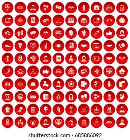 100 team icons set in red circle isolated on white vectr illustration