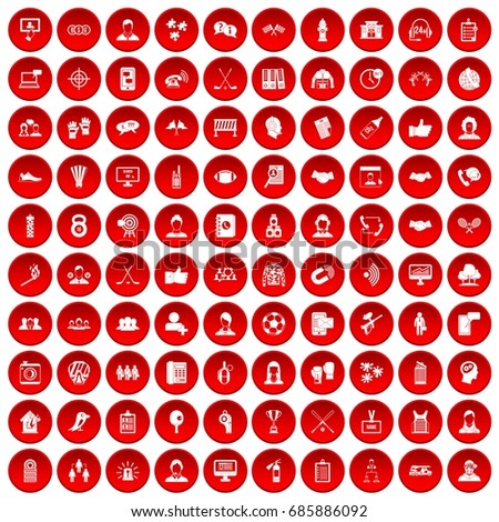 100 team icons set in red circle isolated on white vectr illustration