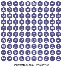 100 team work icons set in purple hexagon isolated vector illustration