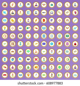 100 teamwork icons set in cartoon style on purple background vector illustration