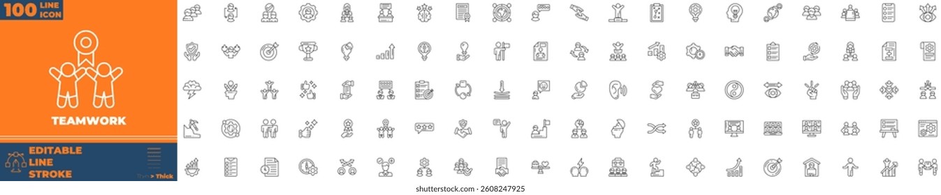 100 Teamwork Line Editable Icons set. Vector illustration in modern thin line style of teamwork icons: team, work, people, etc
