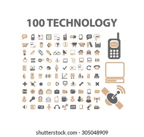 100 technology, communication, connection, internet, network icons, signs set, vector