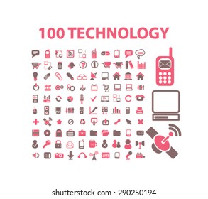 100 tecnología, comunicación, conexión iconos aislados, signos, ilustraciones para web, internet, aplicación móvil, vector