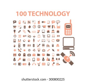 100 technology, communication, connection, phone isolated flat icons, signs, illustrations set, vector for web, application