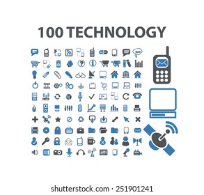 100 tecnología, comunicación, gadget concepto iconos aislados planos, signos, ilustraciones vectoriales establecidos en el fondo