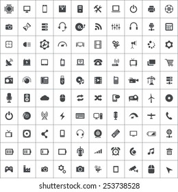 100 technology icons, black on square white background 