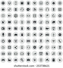 100 technology icons, black on circle gray background 