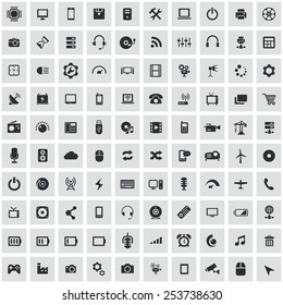 100 technology icons, black on square gray background 