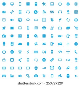 100 technology icons, blue on white background 