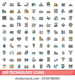 100 technology icons set. Color line set of technology vector icons thin line color flat on white