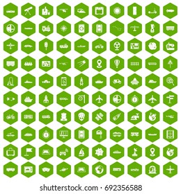 100 technology icons set in green hexagon isolated vector illustration