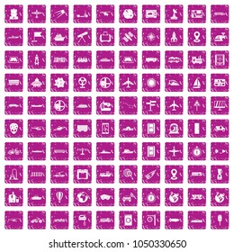 100 technology icons set in grunge style pink color isolated on white background vector illustration