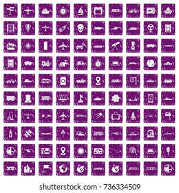 100 technology icons set in grunge style purple color isolated on white background vector illustration