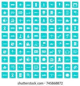100 technology icons set in grunge style blue color isolated on white background vector illustration