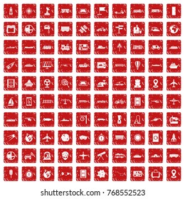 100 technology icons set in grunge style red color isolated on white background vector illustration