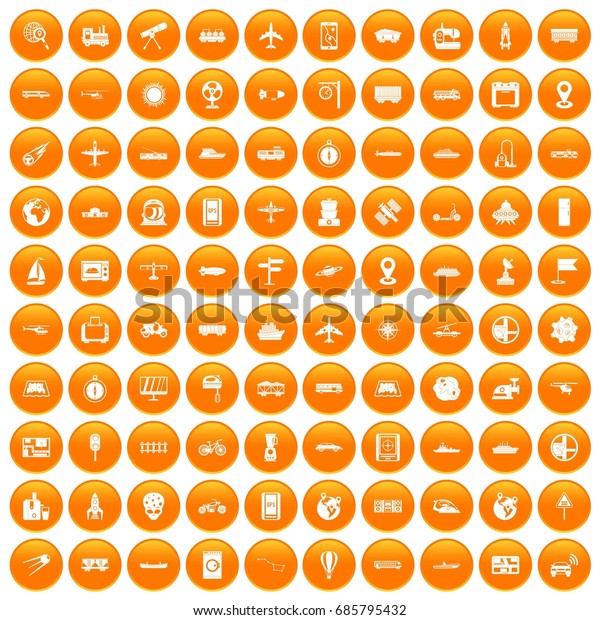 100 technology icons set in orange circle\
isolated on white vector\
illustration