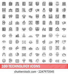 100 technology icons set. Outline illustration of 100 technology icons vector set isolated on white background