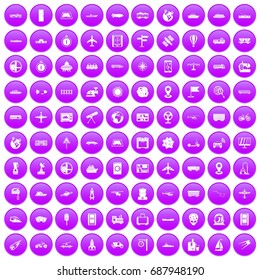 100 technology icons set in purple circle isolated on white vector illustration