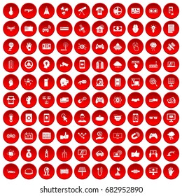 100 technology icons set in red circle. Illustration of 100 technology icons set isolated on white vector