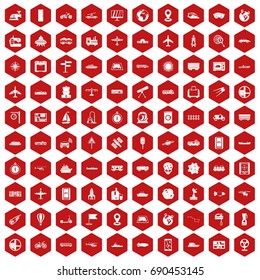 100 technology icons set in red hexagon isolated vector illustration