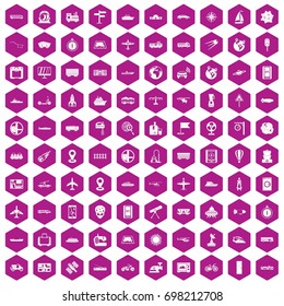 100 technology icons set in violet hexagon isolated vector illustration