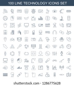 100 technology icons. Trendy technology icons white background. Included line icons such as phone and earphones, plug in power socket, remote control. technology icon for web and mobile.