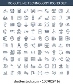 100 technology icons. Trendy technology icons white background. Included outline icons such as soft box, tractor, head with keyhole, sundial. technology icon for web and mobile.