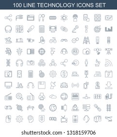 100 technology icons. Trendy technology icons white background. Included line icons such as helicopter, connected phones, support, speaker. technology icon for web and mobile.