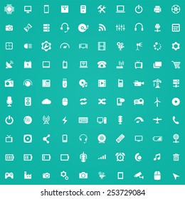100 technology icons, white on green background 