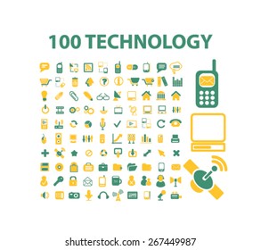 100 technology isolated web icons, signs, illustrations concept design set, vector