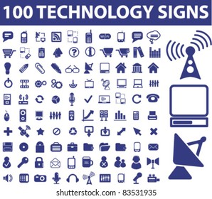 100 technology signs, icons, vector illustrations