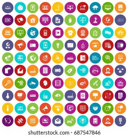 100 telecommunication icons set in different colors circle isolated vector illustration