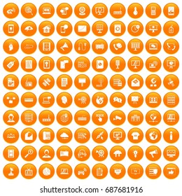 100 telecommunication icons set in orange circle isolated vector illustration