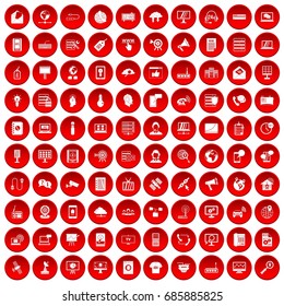 100 telecommunication icons set in red circle isolated on white vectr illustration