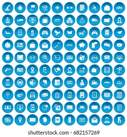 100 telephone icons set in blue circle isolated on white vector illustration