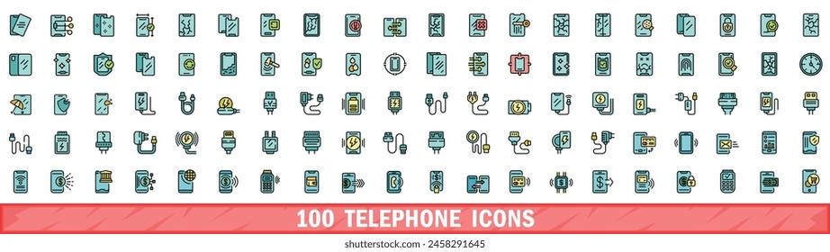 Conjunto de 100 iconos de teléfono. Conjunto de línea de color de iconos vectoriales de teléfono línea fina color plana en blanco