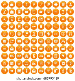 100 telephone icons set in orange circle isolated on white vector illustration